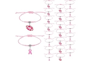 Huquary 6/12/ 24 Pcs Pink Breast Cancer Awareness Bracelets for Women Adjustable Woven Football Ribbon Bracelets Inspirational Wristbands for Survivor Gift-giving Pink out Day Party Favor
