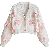 SHENHE Women's Cute Bow Knitted Cardigan Button Down V Neck Cropped Cardigan Sweater