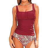 CUPSHE Women's Tankini Sets Square Neck Two Piece Bathing Suits Ruching Side Drawstring Adjustable Straps Back Hook Swimwear