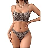 OYOANGLE Women's 2 Piece Lingerie Set Leopard Print Scoop Neck Spaghetti Strap Wireless Bra and Panty Set