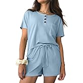 Ekouaer Womens Pajama Sets 2 Piece Ribbed Knit Pjs Short Sleeve Soft Sleepwear Summer Lounge Sets