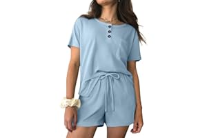 Ekouaer Womens Pajama Sets 2 Piece Ribbed Knit Pjs Short Sleeve Soft Sleepwear Summer Lounge Sets