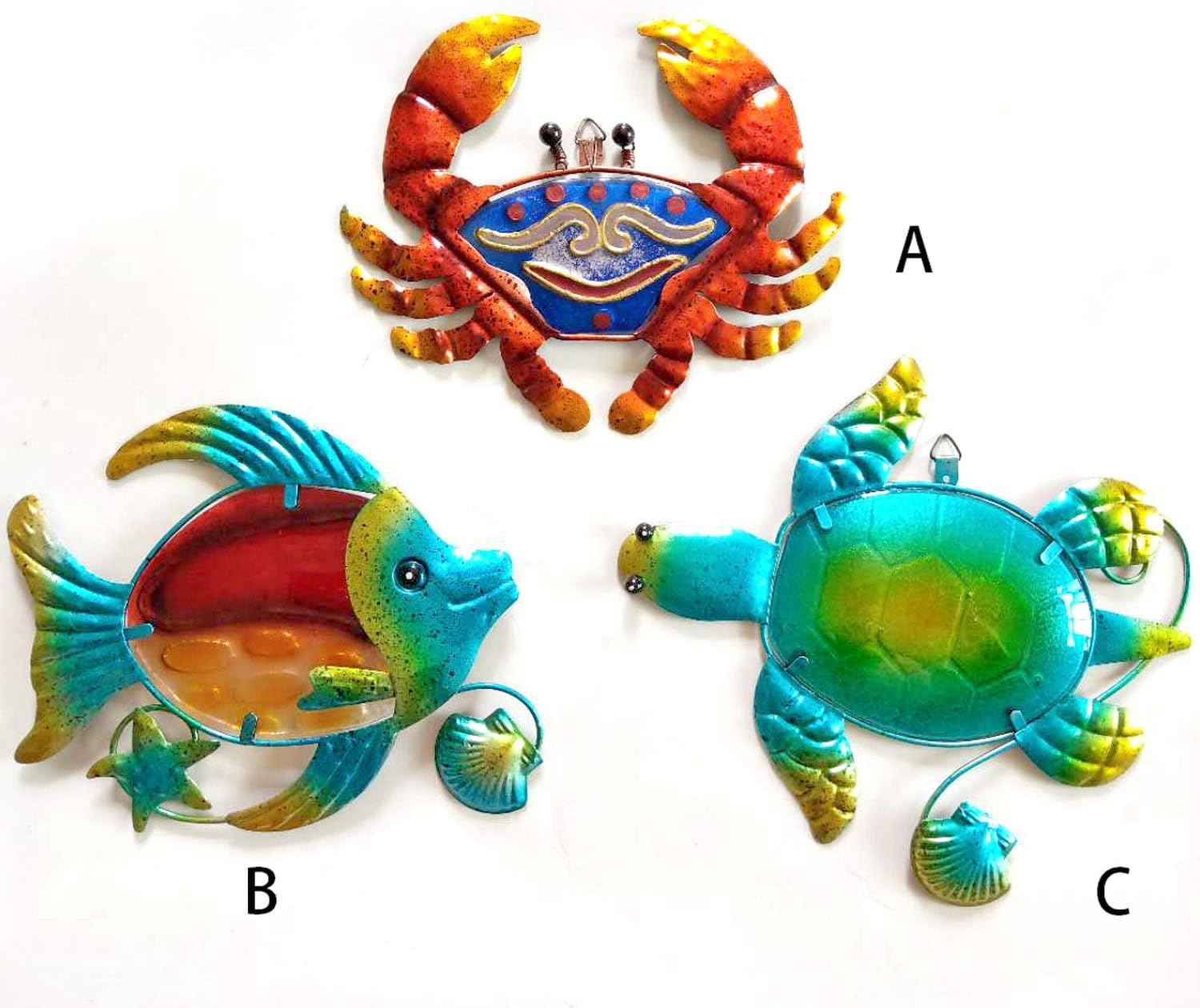 Plaques & Wall Art - JFRISING Metal Beach Wall Art Decor Outdoor, Set of 3 Stained Glass Sea Turtle Fish and Crab Outdoor Wall Plaque Sculpture, Ocean Themed Art Wall Decor for Home Bathroom Bedroom Garden Pool Patio Deck Balcony