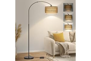 Rattan Floor Lamp, Dimmable Arc Floor Lamps for Living Room, Boho Farmhouse Standing Lamp with Adjustable Head, Tall Pole Lam