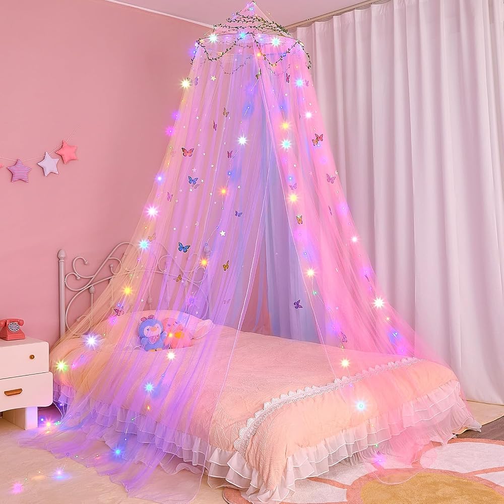 MHJY Bed Canopy for Girls Room with LED Lights Mosquito Net DIY Princess Decor