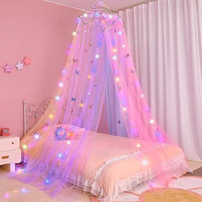 MHJY Bed Canopy for Girls Room with LED Lights Mosquito Net DIY Princess Decor