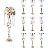 SOCROTO 10 Pcs 21.6 Inch Crystal Flower Stand Gold Wedding Centerpieces Gold Flower Stand Vases Centerpiece Decorations for W