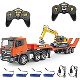 Fistone RC Semi Truck & Excavator Toy Set, 2.4Ghz Remote Control Flatbed Truck with Excavator Toys, 1:24 RC Semi-Trailer Engi