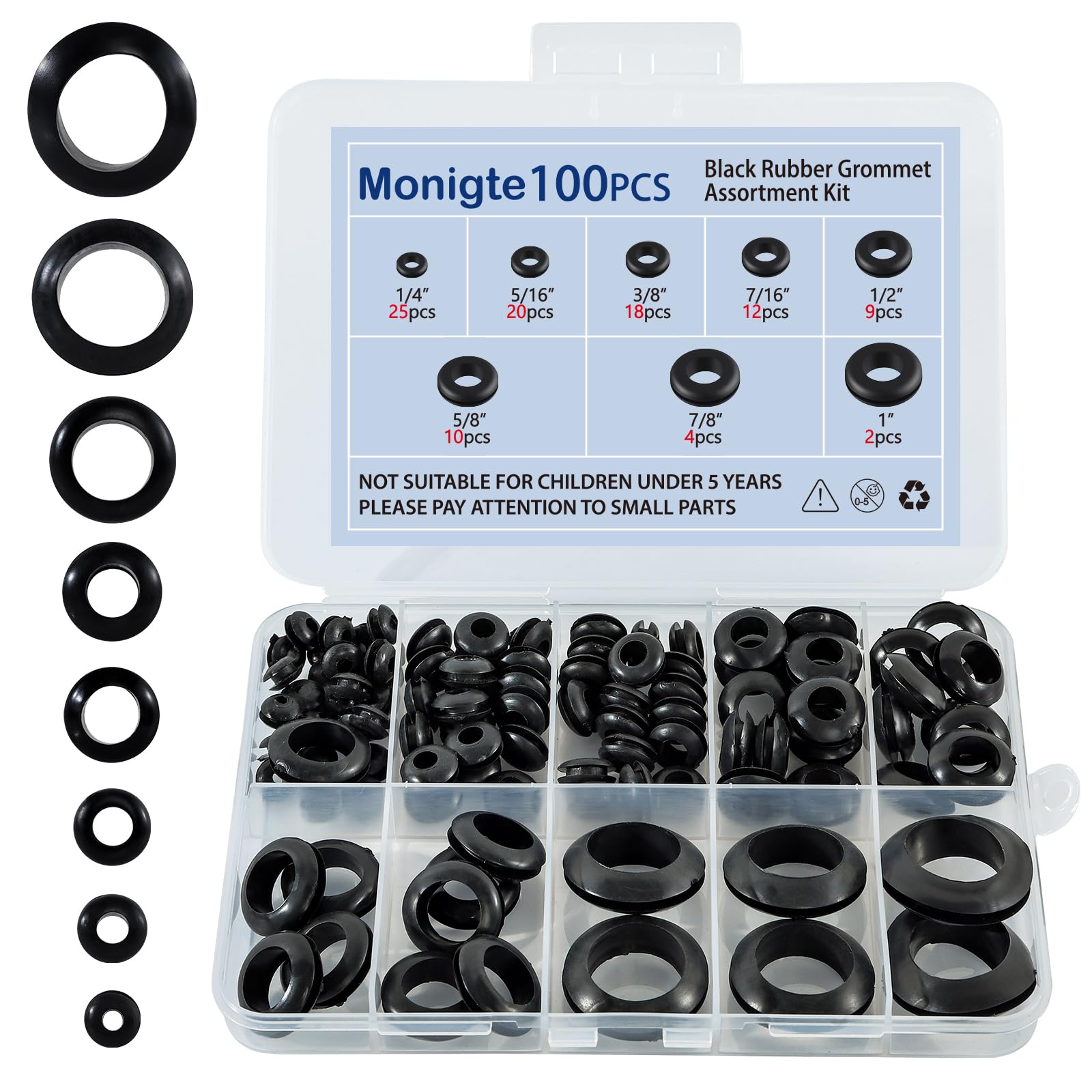 Photo 1 of 100PCS Rubber Grommet Kit, 8 Sizes Hollow Firewall Hole Plug Assortment, Rubber Grommets for Wire, Wiring, Automotive, Cord Organization, 1/4", 5/16", 3/8", 7/16", 1/2", 5/8", 3/4'', 7/8", 1''