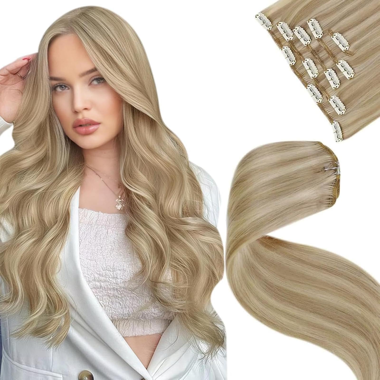 LaaVoo Clip in Hair Extensions Real Human Hair Blonde Hair Extensions Clip in Straight Highlight Golden Blonde Remy Hair Full Head Double Weft 80g 5pcs 16 Inch #16/22