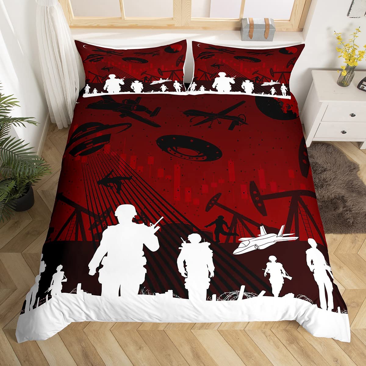 Space Ship Soldier Comforter Cover Double Size, Navy Red Night Sky Scenery White Army Silhouette Alien Duvet Cover with 2 Pillowcase, Sense of future technology Bed Set for Girls Teens Gift