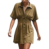 Freyhem Womens Casual Faux Suede Short Sleeve Shirt Dress Pleated Button Down Tapered Waist Mini Dress with Pockets