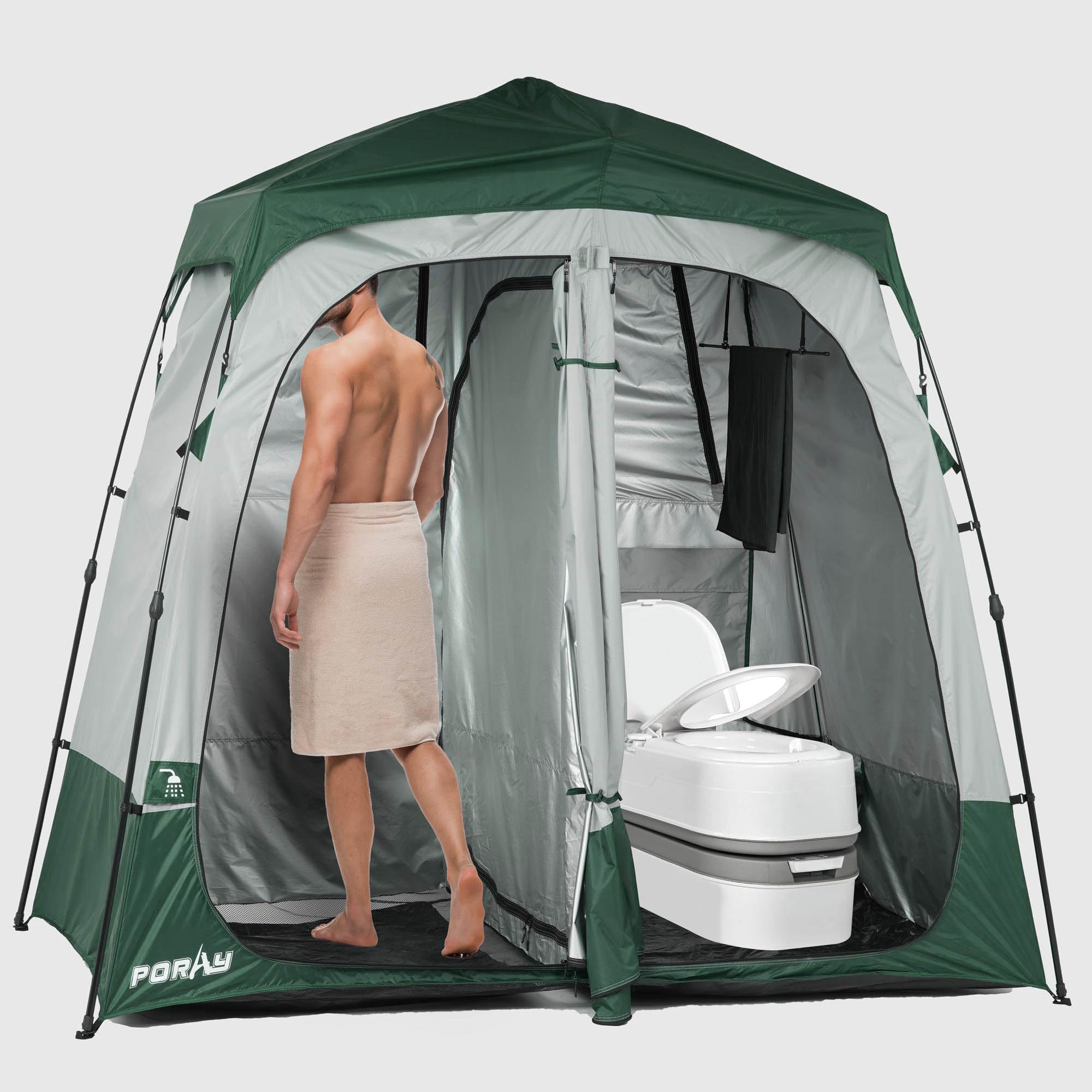 Photo 1 of Portable Camping Shower Tent Deluxe Changing Room Easy Set Up Privacy Shelter,Large Toilet Tent 2 Rooms with Floor Drain Design for Beach, Camping,Hiking with Stakes and Ropes for Stability