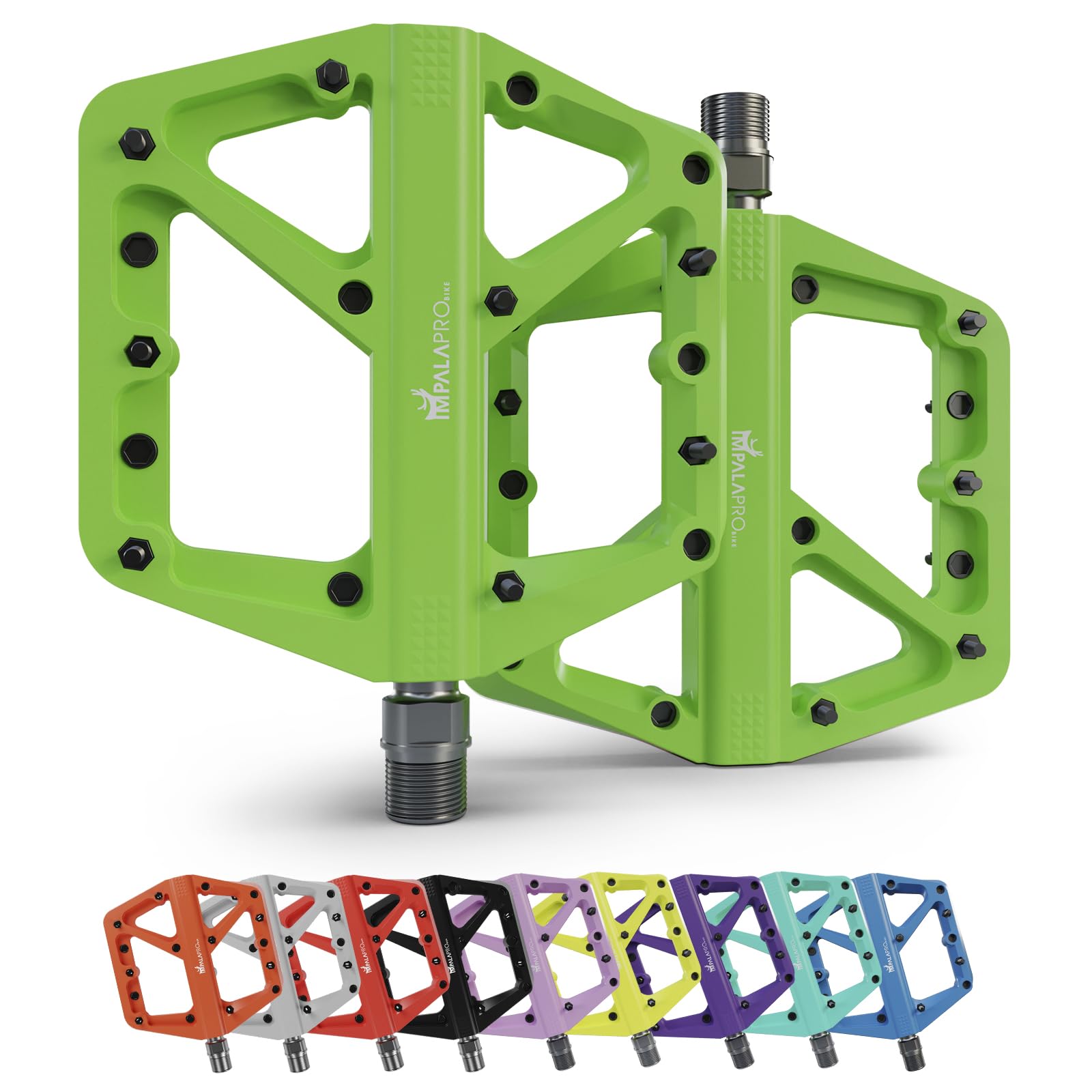 IMPALAPRO - Bike Pedals Nylon Fiber Selaed Bearing 9/16" - Non-Slip MTB pedals - Lightweight and Wide Flat Platform cycling Pedals for BMX Road MTB E-Bike (Green)