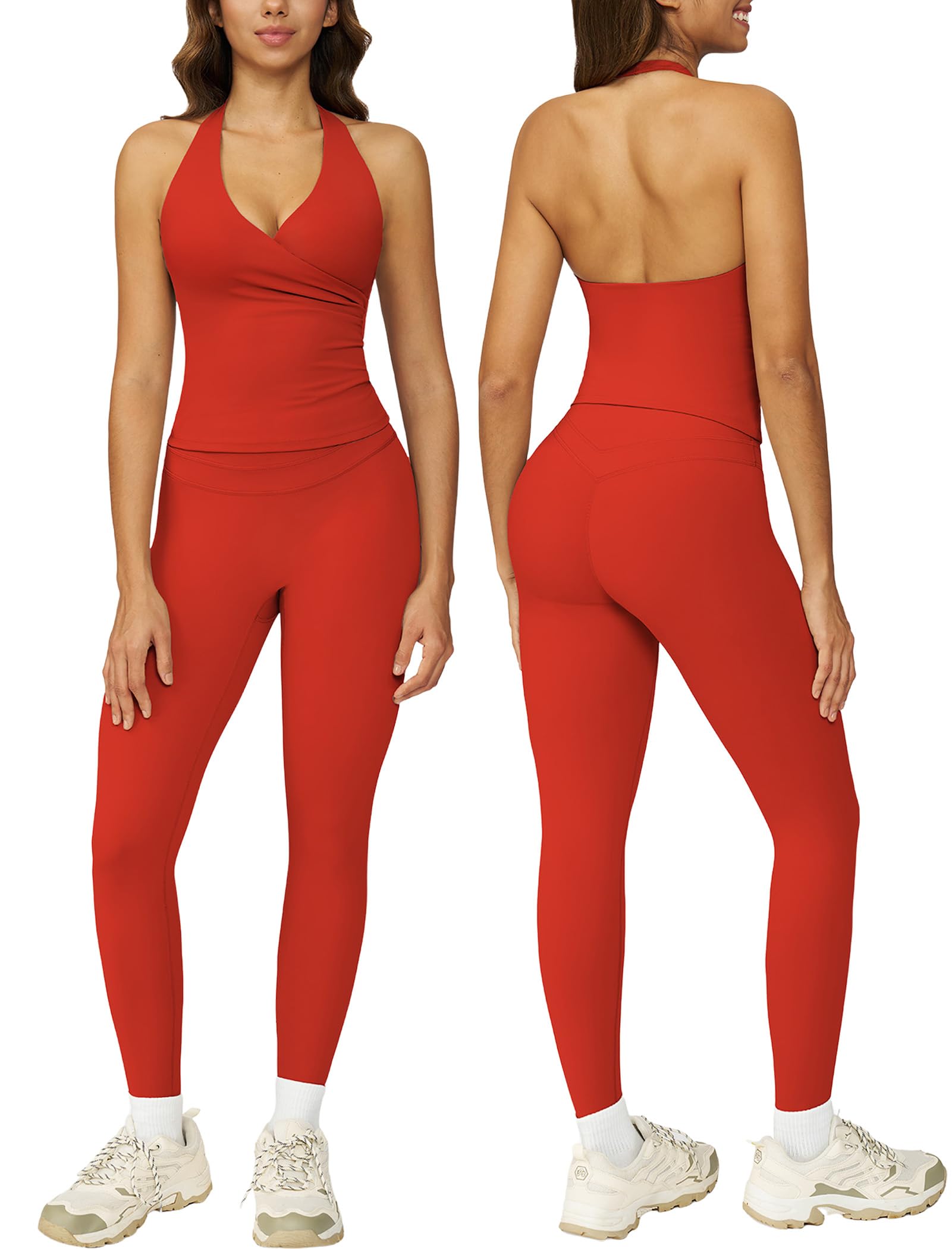 Photo 1 of ABOCIW Workout Sets for Women Wrap Halter Tank Top with Built in Pads Tummy Control High Waist Leggings Yoga Pilates Outfits Athletic Gym Set Activewear Red Large