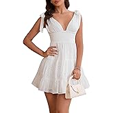LUNAMODA White Dress for Teens Deep V Neck Sleeveless Mini Dresses Tie Shoulder Swing A Line Graduation Short Dress