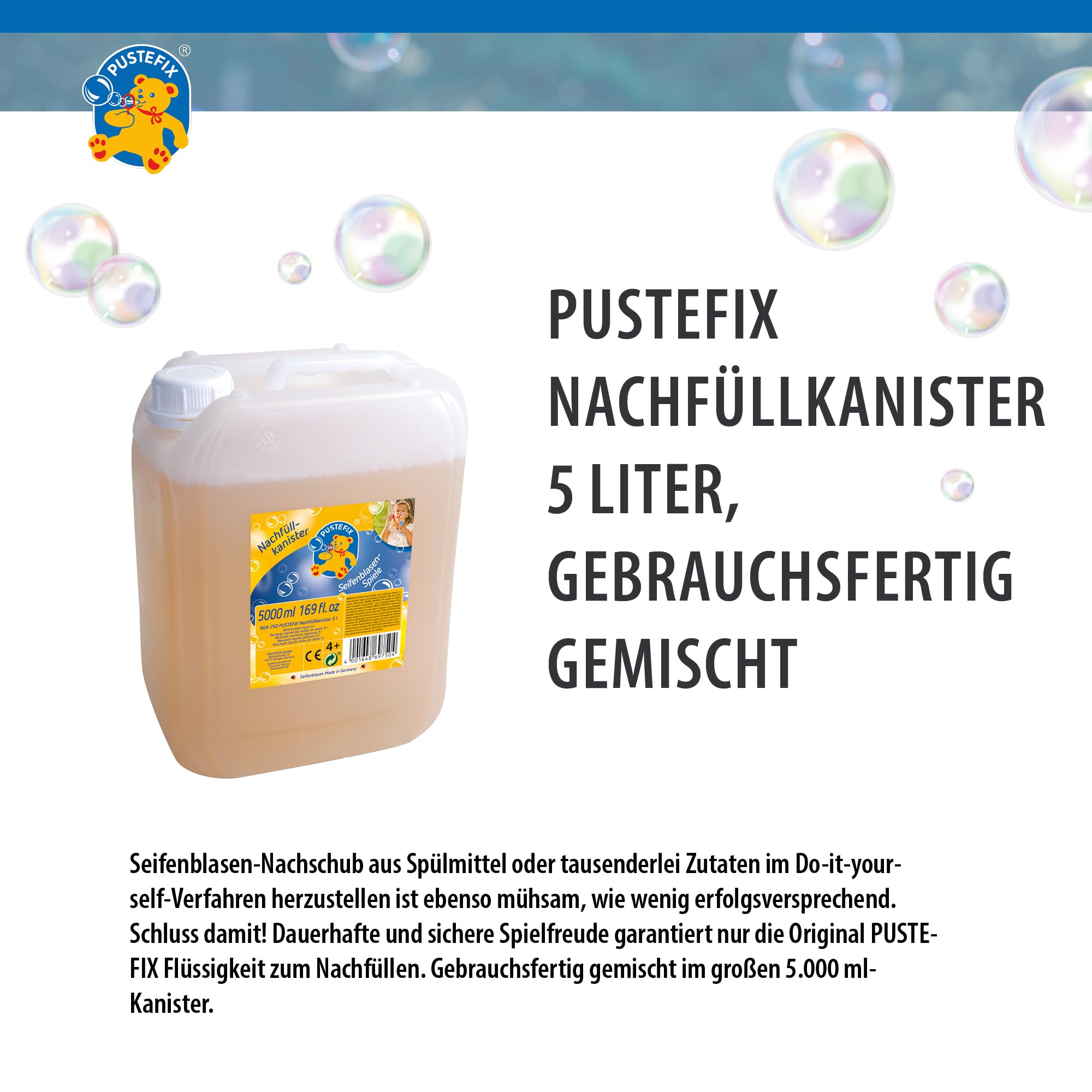 PUSTEFIX - 420869750 Nachfüllkanister I 5 l Seifenblasenflüssigkeit I Bunte Bubbles I Seifenblasen für Hochzeit, Kindergeburtstag, Sommerfest I Bunte Seifenblasen für Kinder & Erwachsene 3