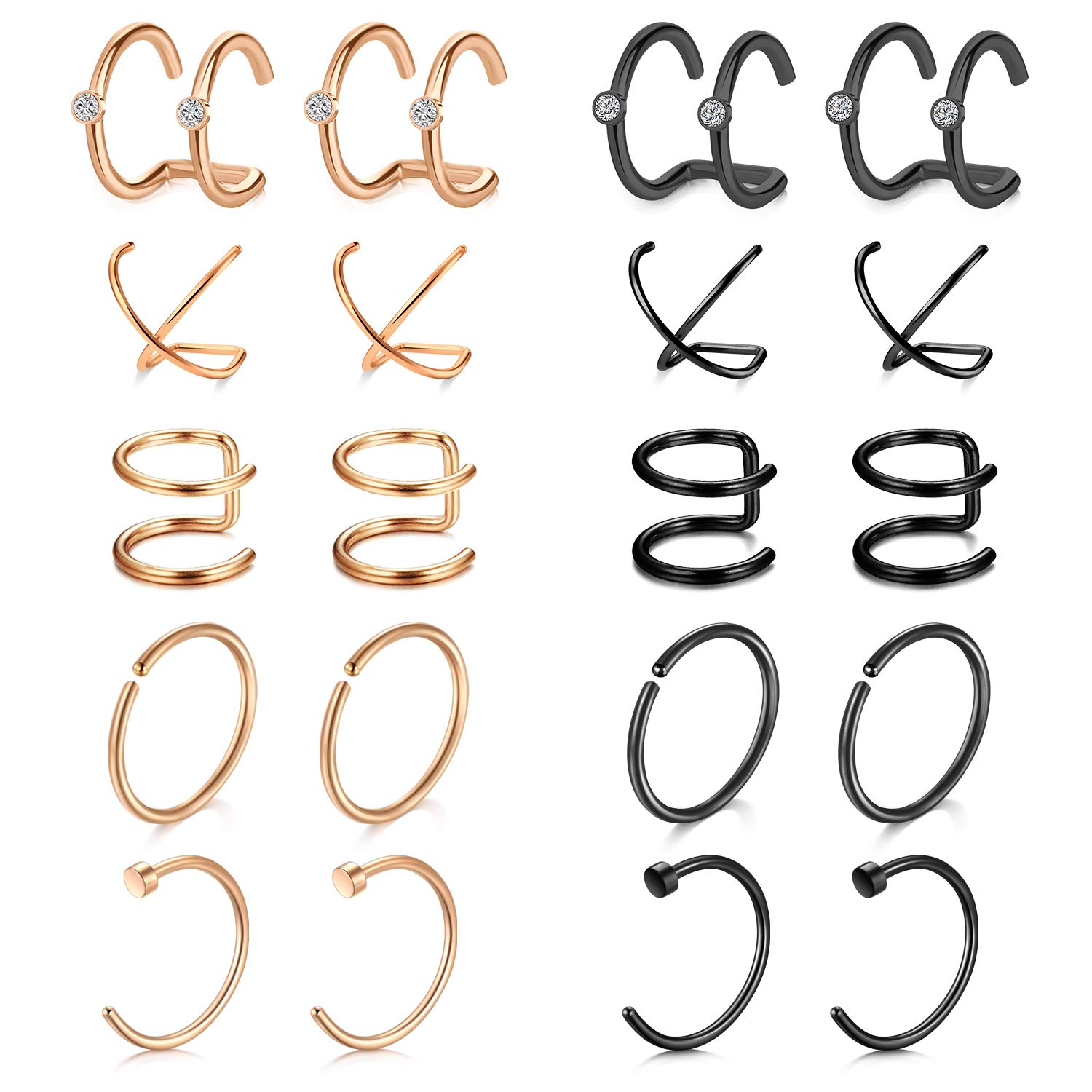 Mayhoop 20 Pcs Fake Piercings Ear Cuffs, Earrings, Nose Rings, Lip Rings - Stainless Steel Clips on Helix, Cartilage Earring Wrap - Non Piercing - Rosegold, Black for Women, Men