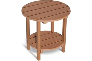 LOENIY 2 -Tier Outdoor Side Table HDPE Adirondack Table Patio Side Table with Wood-Like Grain Weather Resistant End Table Small Outdoor Table (Teak, Round)
