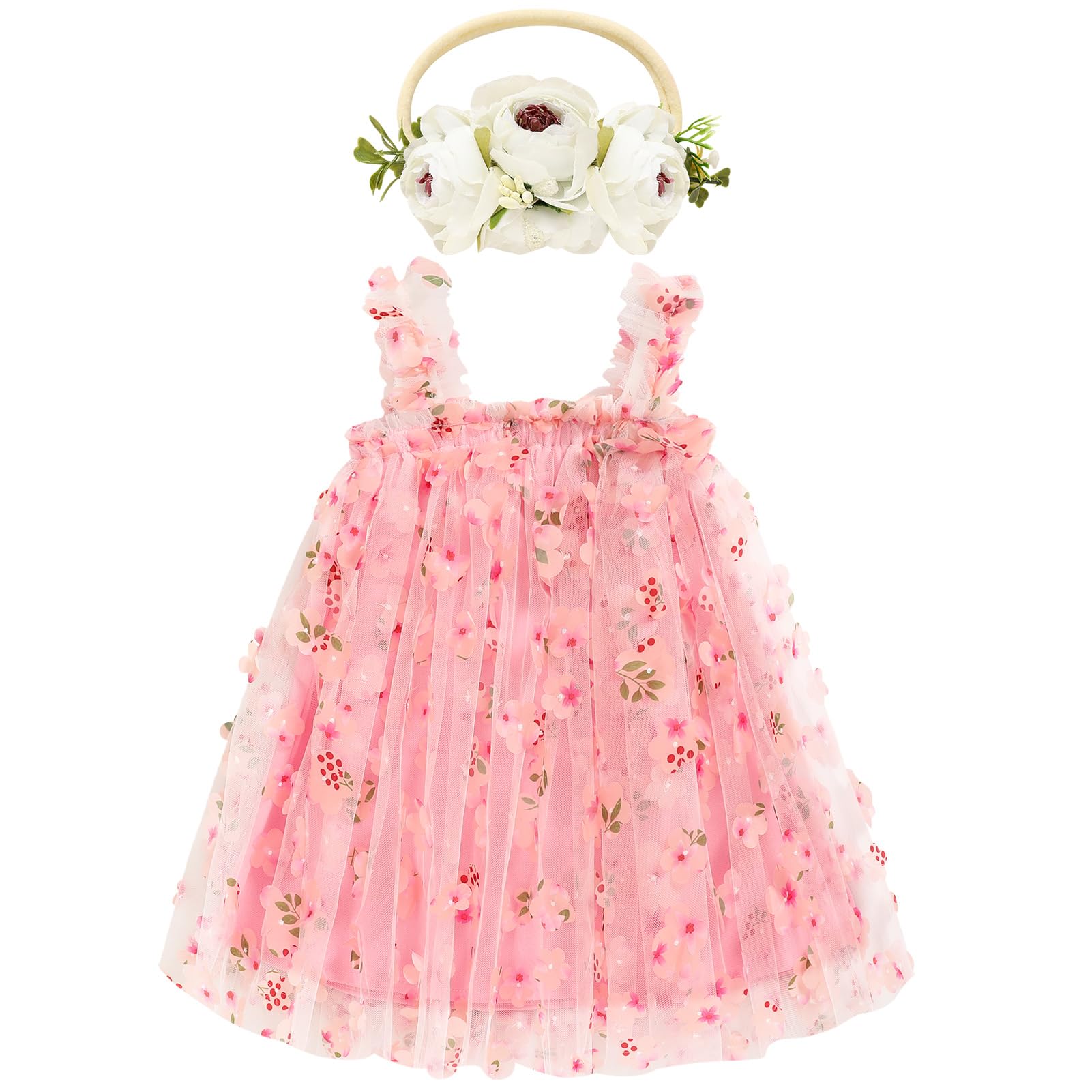 Photo 1 of GRNSHTS Toddler Baby Girl Dress with Headband Sleeveless Strap Tulle Tutu Toddler Summer Floral Pink Dresses 6-12 Months