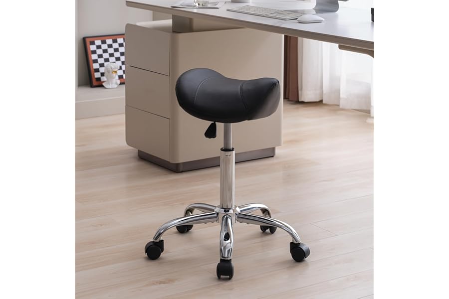 FIRAVOE Saddle Stool, Swivel Saddle Stools with Wheels, Adjustable Rolling Stool 18″-26″, Faux Leather Rolling Saddle Stool for Salon, Massage, Clinic, Lab, Office (Black, 1PCS (18″-26″))