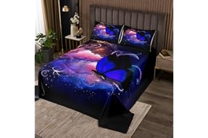 Erosebridal Dreamlike Blue Butterfly Quilted, Colorful Aesthetic Flying Butterflies Coverlet Set, Mystery Bedspread, Watercol