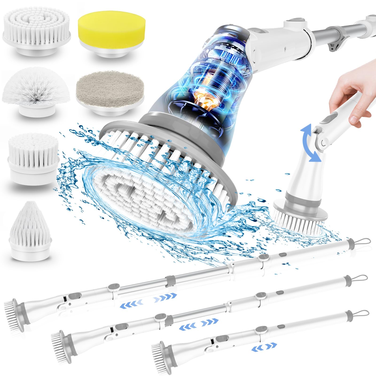 Electric Scrubbing Brush, 6 IN 1 Electric Cleaning Brush, Electric Spin Scrubber with Adjustable Handle & 6 Replaceable Brush Heads, Spin Scrubber for Cleaning,Suitable for Floor Bathroom