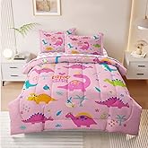 SIRDO Girls Dinosaur Bedding Twin Green Pink Dinosaur Comforter Set, Cute Cartoon Down Comforter for Little Girls Teens Kids Adults Room Decor, Reversible Bed-in-a-Bag 5-Piece Bed Sets