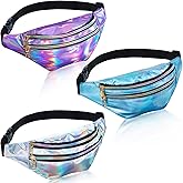 3 Pieces Holographic Fanny Pack for Women Men Kids, Metallic Color Sport Waistbag with Pouches and Adjustable Belt, Hologram PU Waist Pack for Traveling, Running, Partying (Dark Purple, Blue, Silver)