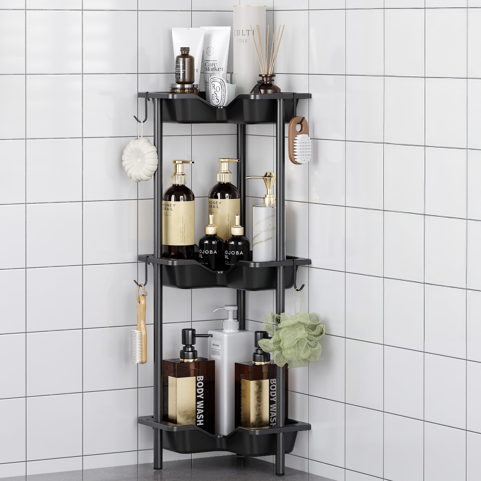 OriwarE Rustproof Floor Standing Corner Shower Caddy Organizer, Plastic Metal Splicing Floor Corner Shelf Rack Stands for Bathroom (Black, 3 Tier)