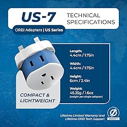 OREI UK, Ireland, Dubai Power Plug Adapter with 2