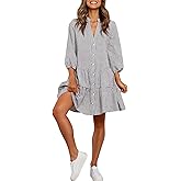 utcoco Women's 2025 Spring Summer Plaid Shirt Dress 3/4 Puff Sleeve Button Down Loose Casual Midi Dress with Pockets