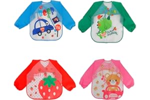 BAHABY 4 Packs Kids Art Smocks Toddler Aprons Painting Apron for Children Waterproof Artist Smock with Long Sleeve