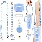 Stanley Cup Accessories Set Including Adjustable Water Bottle Shoulder & Handle Strap, Glitter Silicone Protective Boot, Silicone Straw Topper Cover, Cute Charms for Stanley 30oz 40oz Tumbler (Blue)