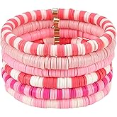Ornaland 6 PCS Heishi Surfer Bracelets Set 6mm Polymer Clay Vinyl Disc Beads Stretch Bracelets Bohemia Summer Beach Jewelry for Women (Pink)