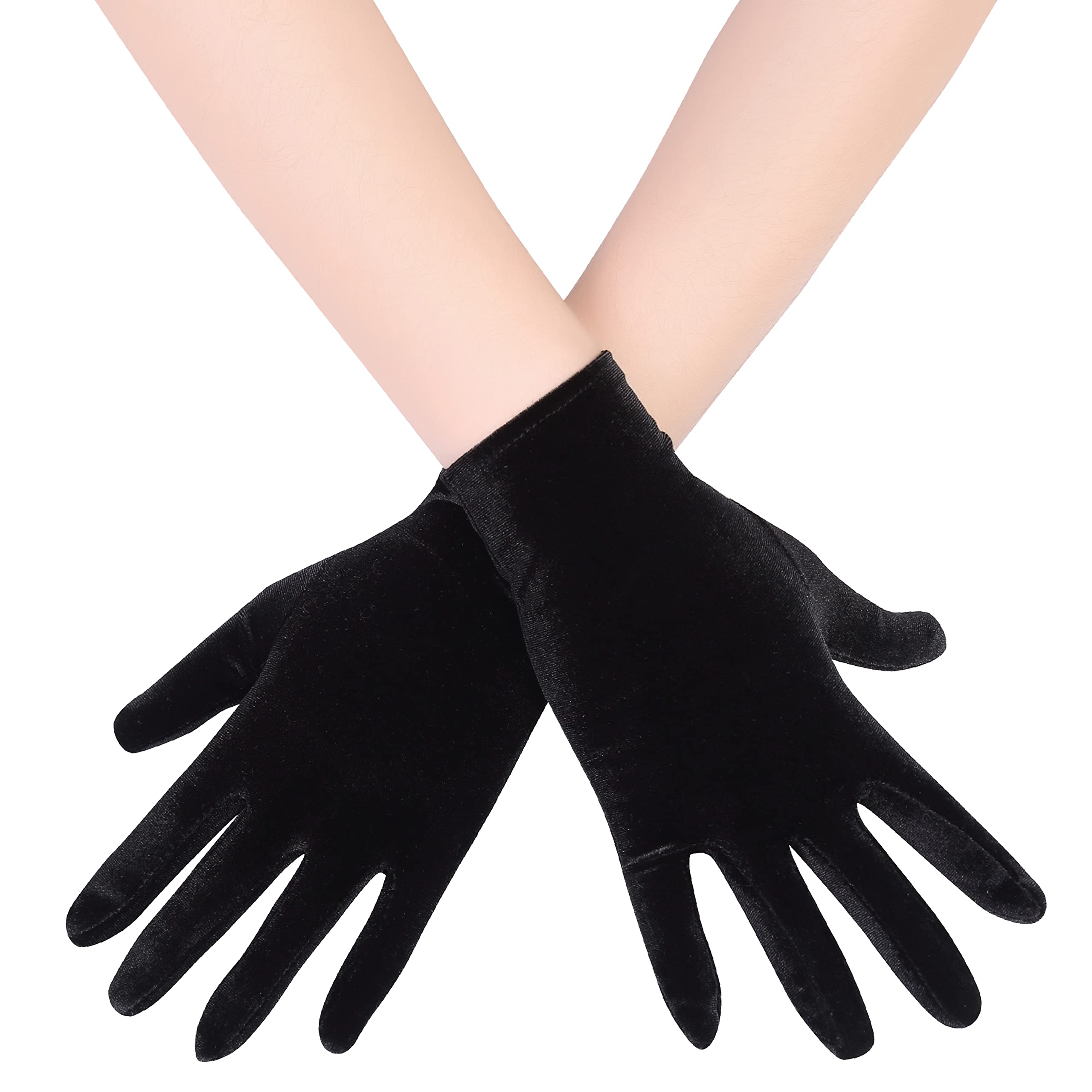 EORUBE Short Opera Velvet Gloves for Women - 1920s Flapper Stretchy Wrist Length Banquet & Tea Party Halloween Costume Gloves (Black)