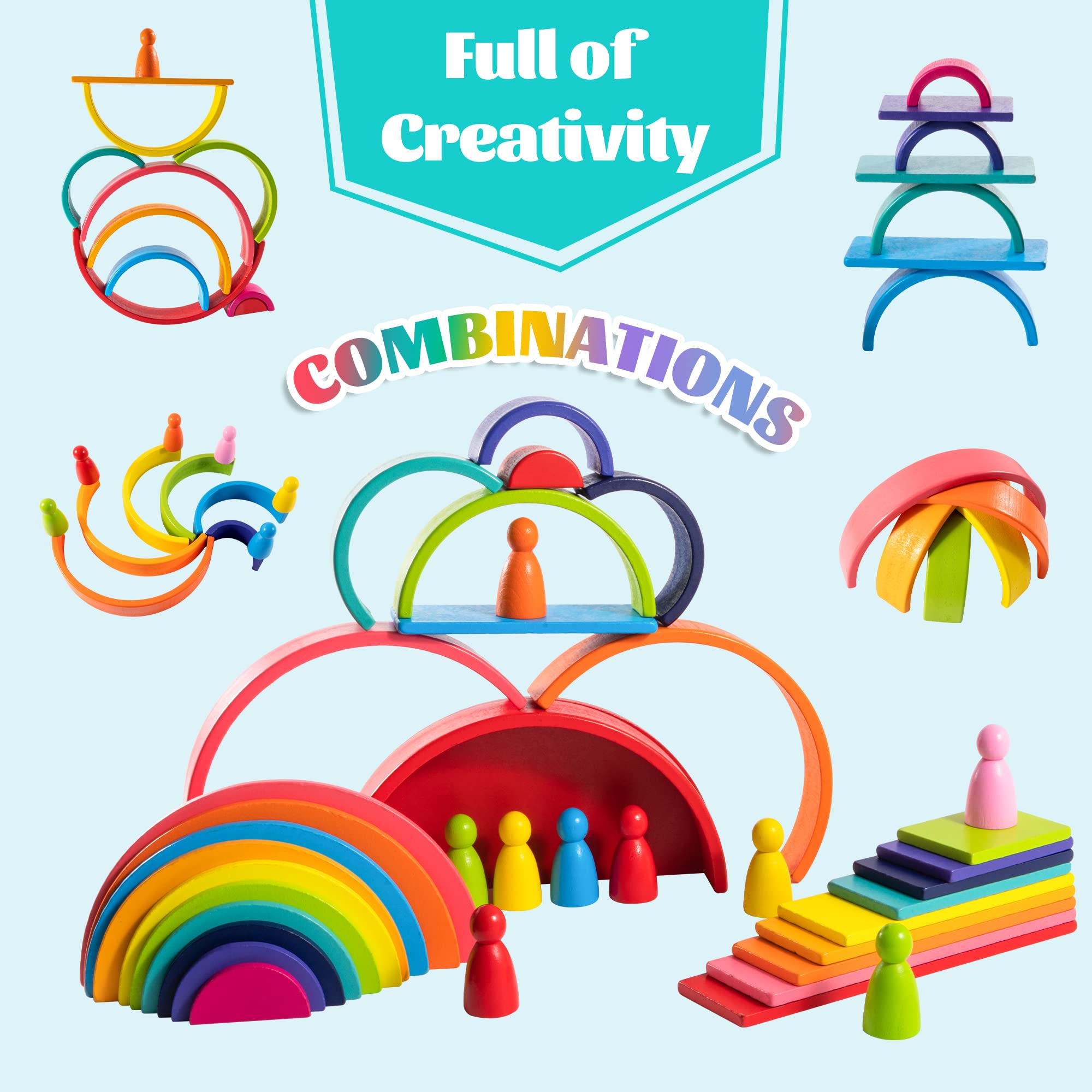 XJYQJD Wooden Rianbow Stacker Playset, 4-in-1 Rainbow Stacking Toys Building Blocks for Kids Ages 3 4 5 Preschool Montessori Toys Christmas Birthday Gifts for Toddlers Boys Girls 3-5 (45 Pieces)