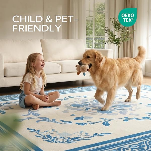 SOULFUL MEDIUM PILE 4X6 RUGS FOR LIVING ROOM – COZY SOFT UNDERFOOT AREA RUG – BLUE BOHO FLORAL – WASHABLE NON-SLIP – PERFECT FOR BEDROOM KIDS ROOM UNDER DINING TABLE OFFICE