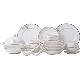 50 Pcs Fine Bone China Dinnerware Set, Porcelain &amp; Ceramic Dinnerware Sets, Bone Stoneware &amp; Ceramic Cookware Tableware Set Includes Dinner Plates|Spoons|Pasta Bowls|Soup Pot|Chopsticks