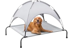 PRAISUN XL Outdoor Dog Bed with Canopy, Elevated Dog Bed, Textilene Mesh, Metal Frame for Indoors, Outdoors, Lawn, Sliver Grey