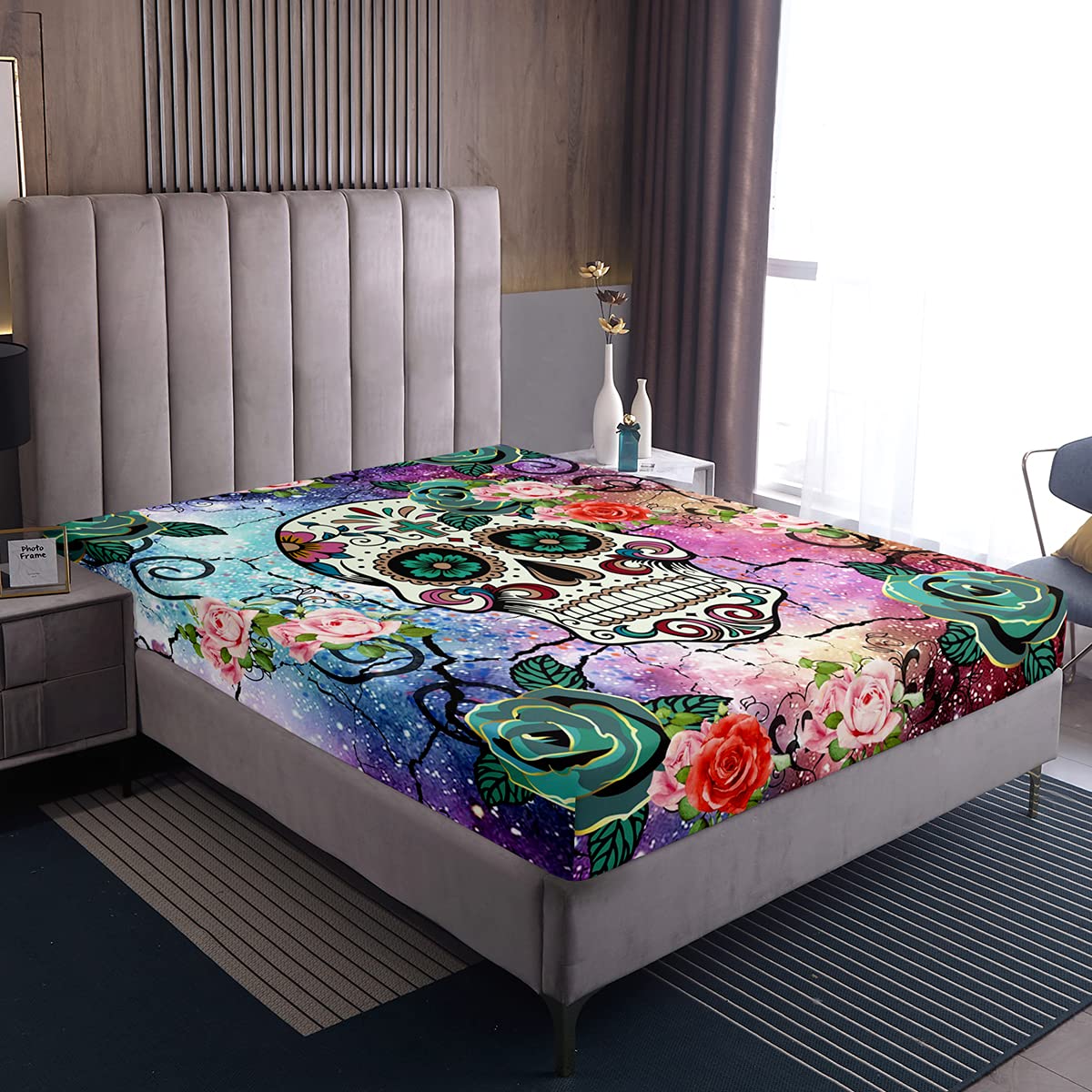 Loussiesd Sugar Skull Fitted Bed Sheets 100% Polyester Soft and Comfortable Sheets Machine Washable Breathable Fabric King(150x200+30cm) Roses Flowers Only Bedsheet No Pillowcases