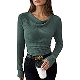 Pink Queen 2026 Spring Cowl Neck Tops for Women Long Sleeve Ruched Slim Fit Ribbed Knit Basic Shirts