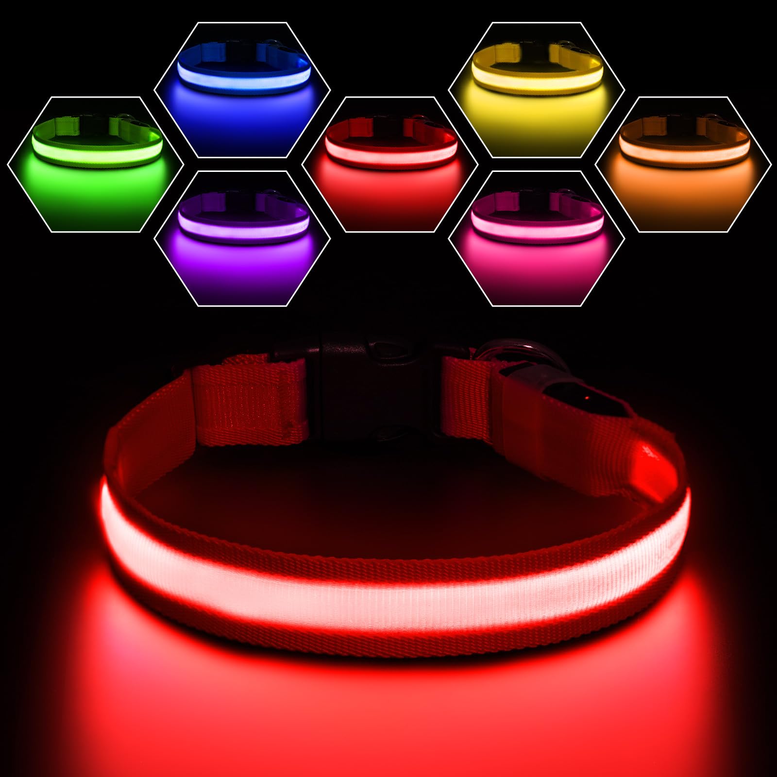 PcEoTllar Light Up Dog Collar - Rechargeable Flashing LED for Night, Adjustable for Small Medium Large Dogs, Waterproof 7 Colors, Red(9 Modes)