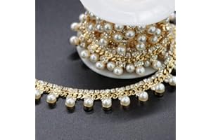 Jerler 1 Yard Pearl Tassel Rhinestone Trim, Inlaid Pearl Beaded Chain, Crystal Applique Ideal for DIY and Wedding Party Decoration Bridal Embellishments, 0.55" Width (Tassel-2)