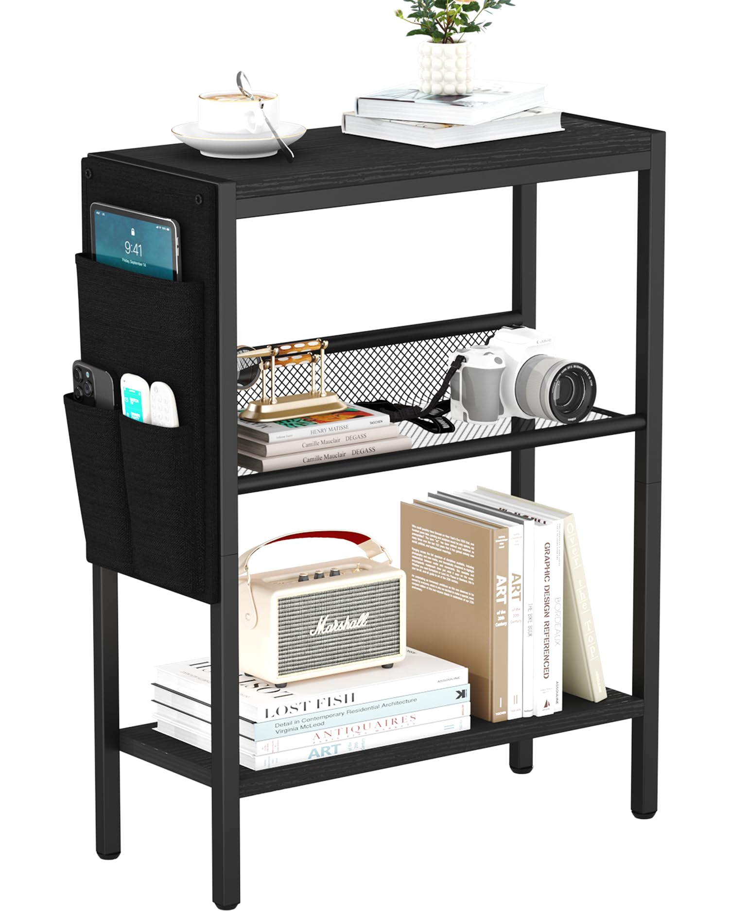Photo 1 of Yusong Small Narrow Side Table for Small Spaces, Slim End Table with Storage Bag, Sofa Snack Table with Adjustable Metal Mesh, 3 Tier Accent Skinny Beside Table for Living Room & Bedroom, Black Oak