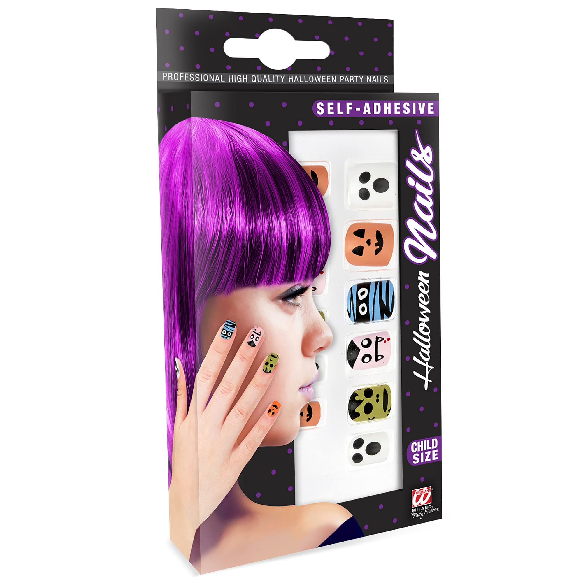 WIDMANN 05340 - Set of 12 Self-Adhesive Halloween Nails, for Girls, Ghosts, Horror, Vampires, Zombies, Carnival, Theme Parties