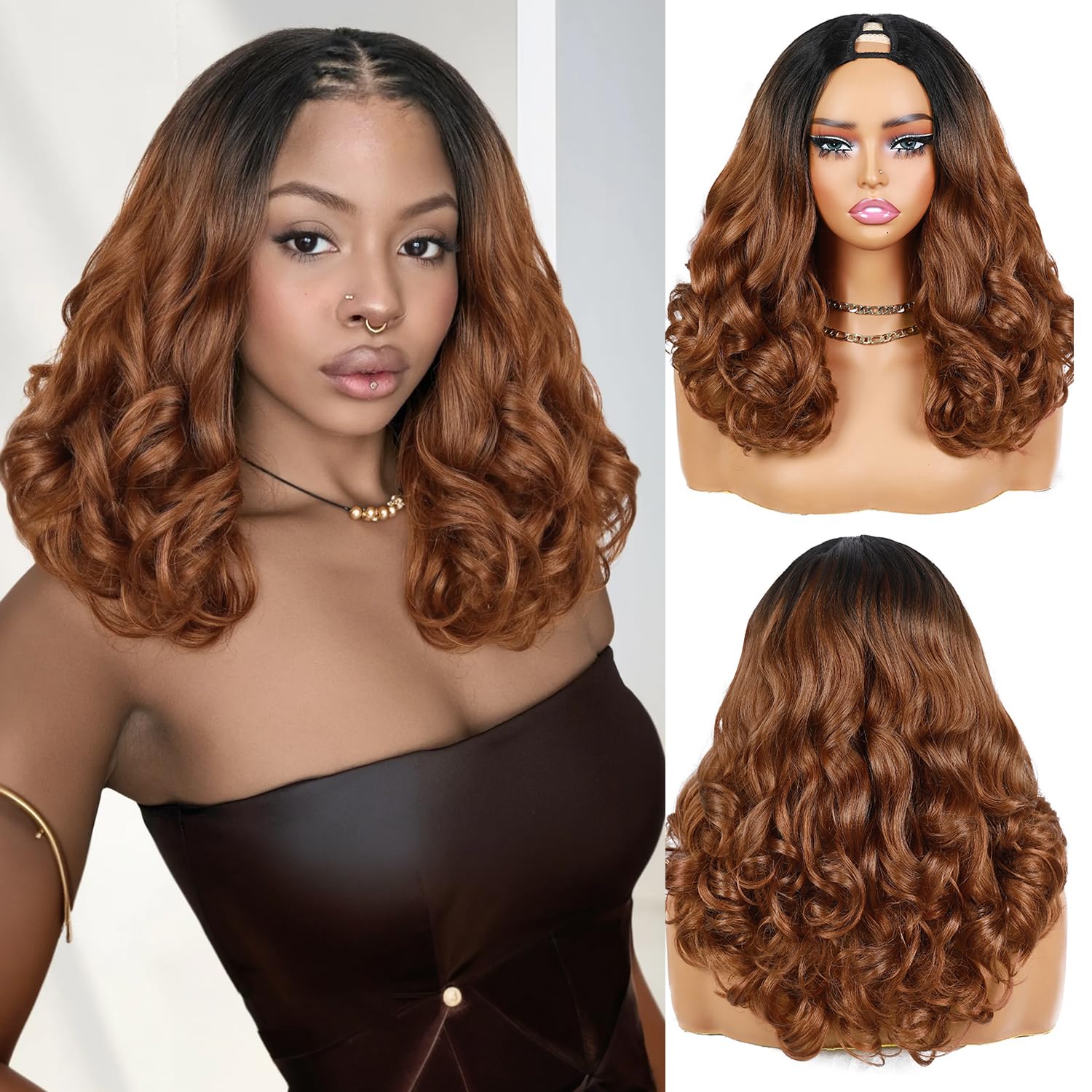 Photo 1 of Quantum Love V Part Yaki Curly Wigs for Black Women Afro Curly V Part Synthetic Ombre Brown Wig Wear and Go Glueless No Leave out Clip in Half Wig 16Inch