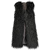 foefaik Women's Long Faux Fur Waistcoat Vests,Shaggy Sleeveless Jackets Coats Outwear