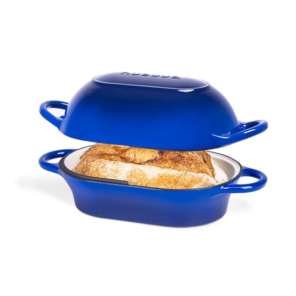DUTCH OVEN FOR SOURDOUGH BREAD BAKING – ENAMELLED CAST IRON BREAD LOAF POT – OVEN SAFE NON STICK BREAD POT – RECTANGULAR, DARK BLUE, 24CM X 16CM – BY NUOVVA