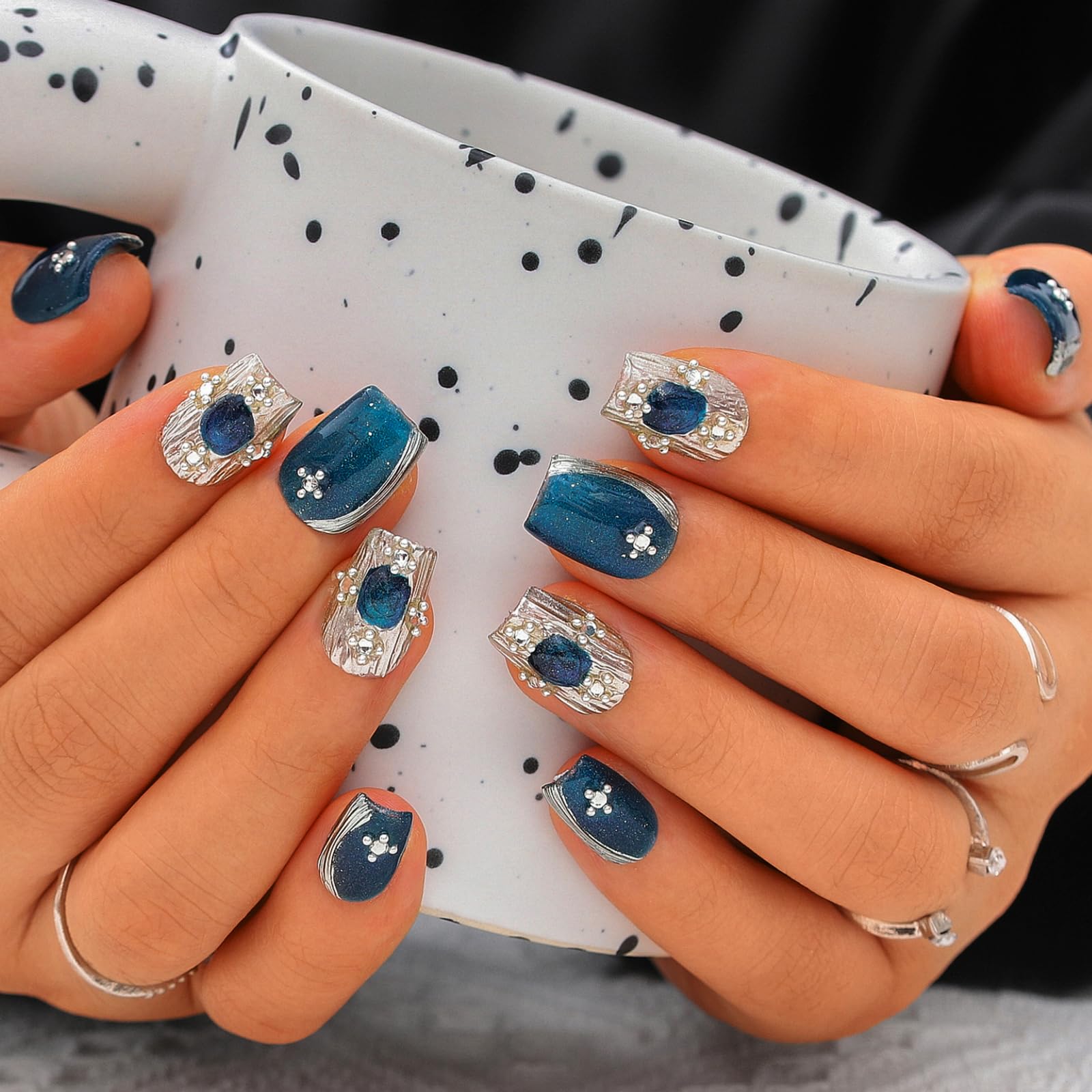 Sethexy Blue Handmade Press On Nails Short Coffin False Nails with Design Salon Acrylic Silver Glossy Fake Nails for Women and Girls 10PCS (Blue5)